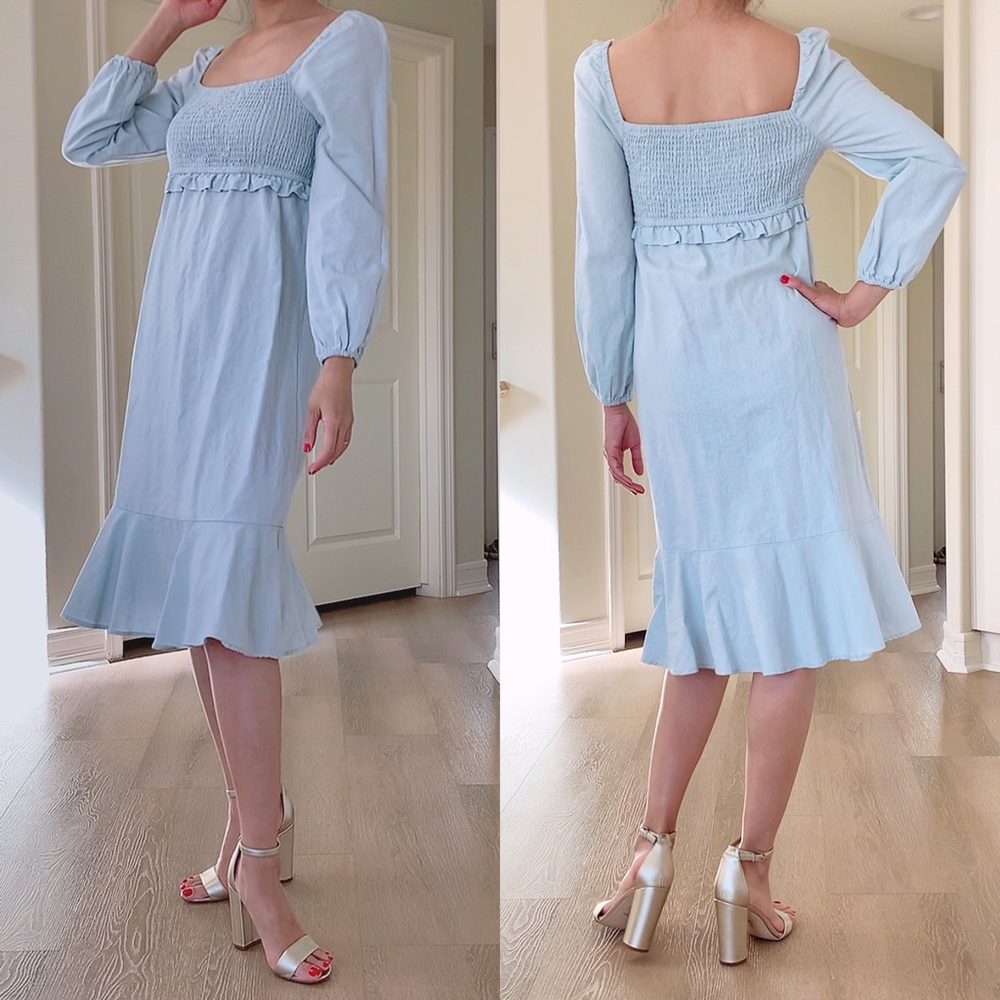 7 For All Mankind Baby Blue Linen Cotton Blend Long-sleeve Dress